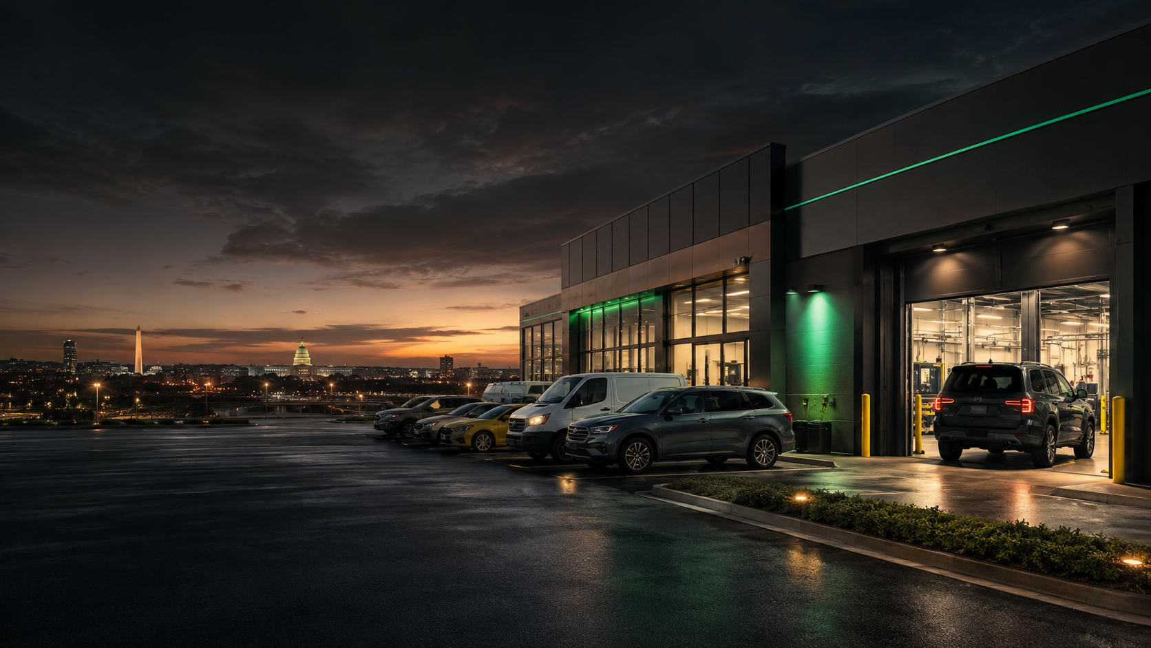 Modern automotive center with practical fleet vehicles overlooking Washington, DC